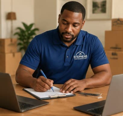 Stephens relocation specialist preparing a move plan at a desk